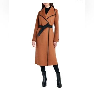 Tahari Woman Tan Trench Coat with Black tie belt